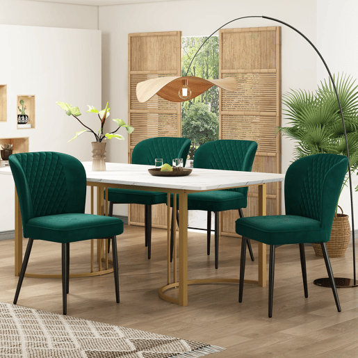 Conjunto de mesa e cadeiras 140x80x75cm - Mesa moderna + 4 cadeiras de veludo verde - Dourado