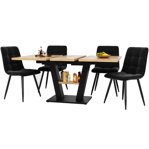 Conjunto de sala de jantar extensível 118-157x70 cm - 4 cadeiras, mesa com pernas em V - Preto, Natural