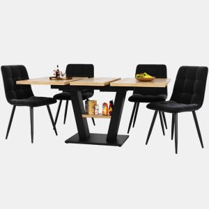 Conjunto de sala de jantar extensível 118-157x70 cm - 4 cadeiras, mesa com pernas em V - Preto, Natural