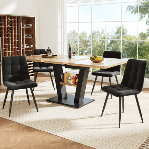 Conjunto de sala de jantar extensível 118-157x70 cm - 4 cadeiras, mesa com pernas em V - Preto, Natural