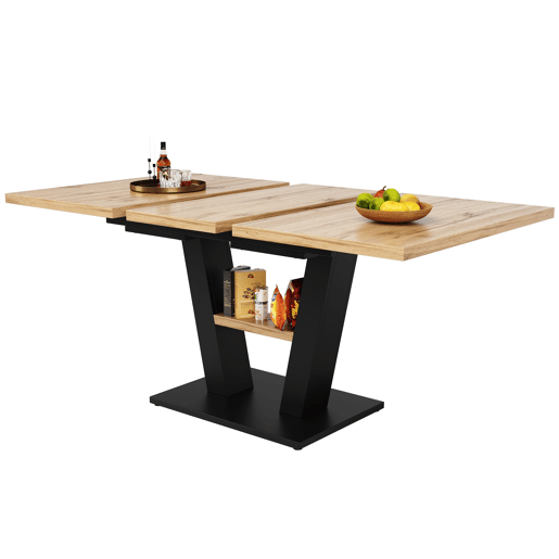 Conjunto de sala de jantar extensível 118-157x70 cm - 4 cadeiras, mesa com pernas em V - Preto, Natural