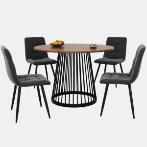 Conjunto de mesa e cadeiras 5 peças - Mesa redonda 80 cm, estrutura metálica preta, cadeiras de veludo