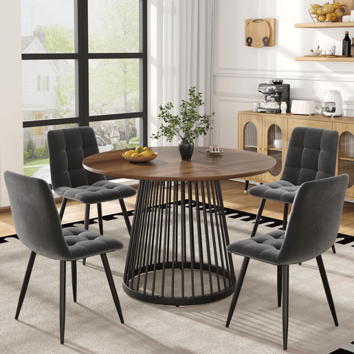 Conjunto de mesa e cadeiras 5 peças - Mesa redonda 80 cm, estrutura metálica preta, cadeiras de veludo