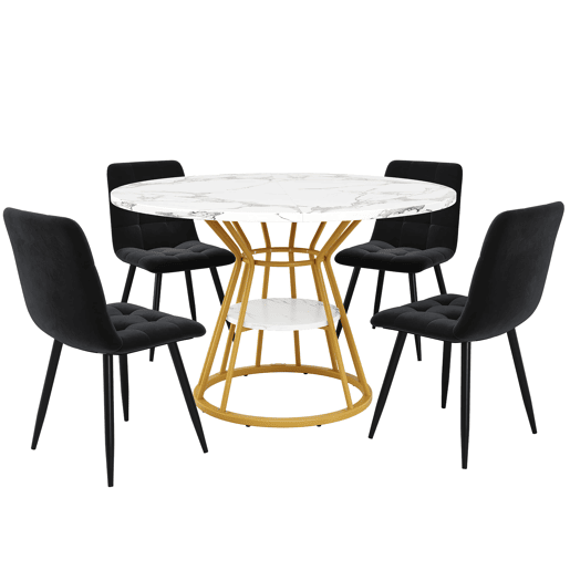 Conjunto de sala de jantar de 5 peças 100x100x76 cm - mesa redonda de mármore + 4 cadeiras de veludo - dourado