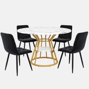 Conjunto de sala de jantar de 5 peças 100x100x76 cm - mesa redonda de mármore + 4 cadeiras de veludo - dourado