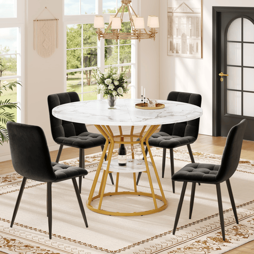 Conjunto de sala de jantar de 5 peças 100x100x76 cm - mesa redonda de mármore + 4 cadeiras de veludo - dourado