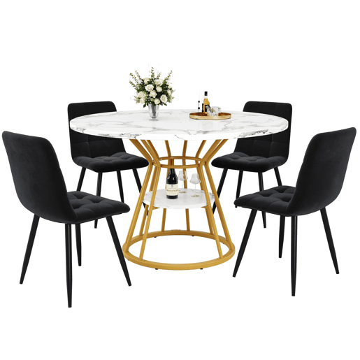 Conjunto de sala de jantar de 5 peças 100x100x76 cm - mesa redonda de mármore + 4 cadeiras de veludo - dourado