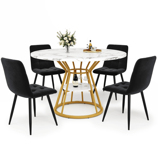 Conjunto de sala de jantar de 5 peças 100x100x76 cm - mesa redonda de mármore + 4 cadeiras de veludo - dourado