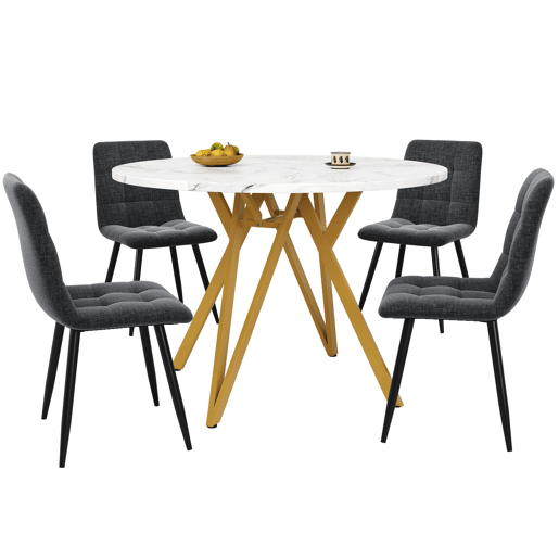 Conjunto de mesa e cadeiras 5 peças - Mesa redonda 100 cm, pernas metálicas douradas, cadeira cinzenta