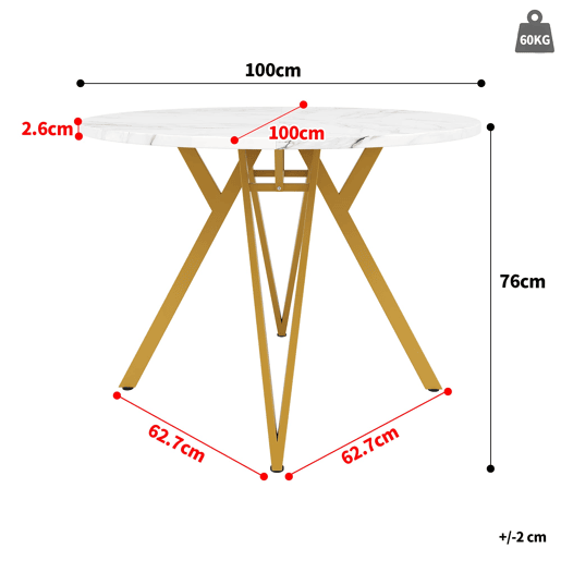 Conjunto de mesa e cadeiras 5 peças - Mesa redonda 100 cm, pernas metálicas douradas, cadeira cinzenta