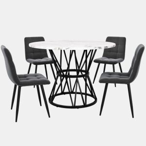 Conjunto de mesa e cadeiras 5 peças 100 cm - Mesa redonda com pernas metálicas pretas e cadeiras de veludo cinzento