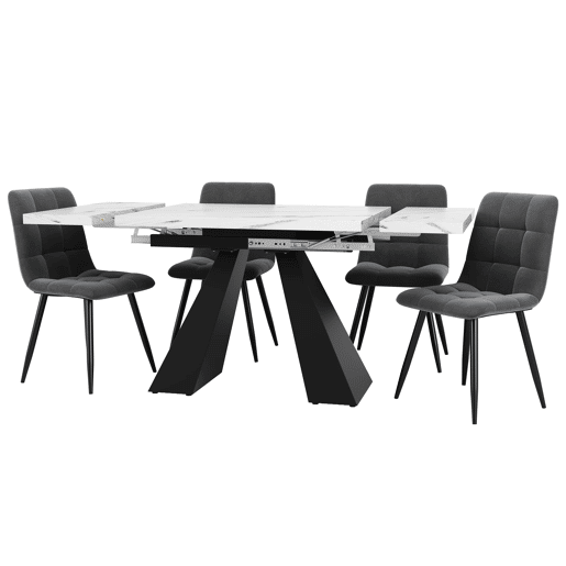 Conjunto de sala de jantar de 5 peças - Mesa extensível em mármore (para 4 pessoas) - Cadeiras em veludo cinza - Branco