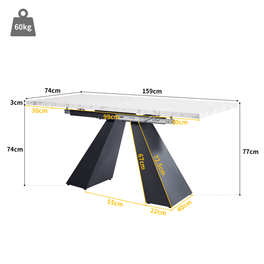 Conjunto de sala de jantar de 5 peças - Mesa extensível em mármore (para 4 pessoas) - Cadeiras em veludo cinza - Branco