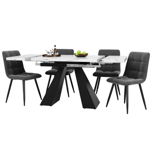 Conjunto de sala de jantar de 5 peças - Mesa extensível em mármore (para 4 pessoas) - Cadeiras em veludo cinza - Branco