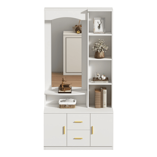 Móvel de entrada 90x40x180 cm - Multifuncional com arrumação, 2 gavetas, 2 armários, espelho - Branco