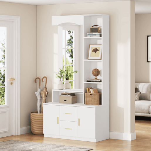 Móvel de entrada 90x40x180 cm - Multifuncional com arrumação, 2 gavetas, 2 armários, espelho - Branco