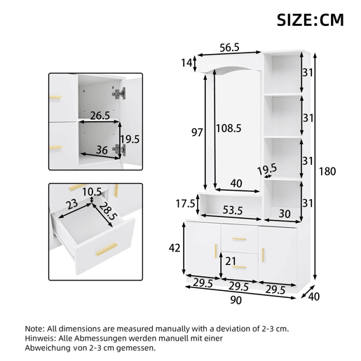 Móvel de entrada 90x40x180 cm - Multifuncional com arrumação, 2 gavetas, 2 armários, espelho - Branco