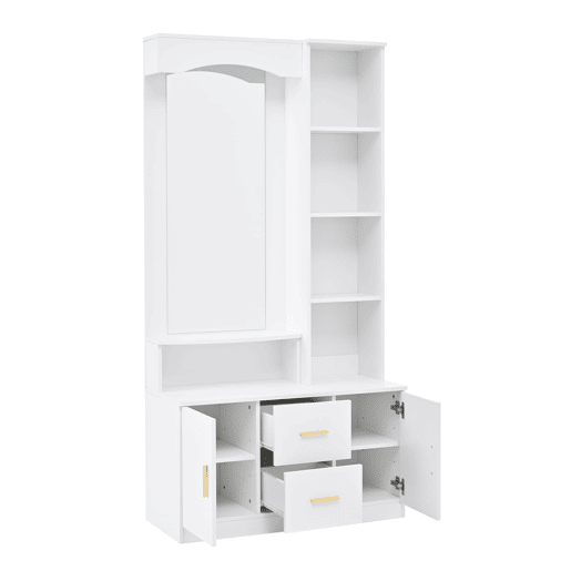 Móvel de entrada 90x40x180 cm - Multifuncional com arrumação, 2 gavetas, 2 armários, espelho - Branco