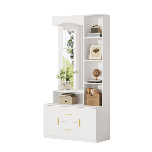 Móvel de entrada 90x40x180 cm - Multifuncional com arrumação, 2 gavetas, 2 armários, espelho - Branco
