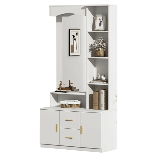 Móvel de entrada 90x40x180 cm - Multifuncional com arrumação, 2 gavetas, 2 armários, espelho - Branco