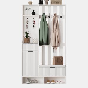 Móvel de entrada 100x30x180 cm - 6 em 1, 8 ganchos, sapateira, prateleiras, com proteção anti-capotamento - Branco