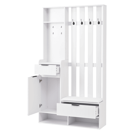 Móvel de entrada 100x30x180 cm - 6 em 1, 8 ganchos, sapateira, prateleiras, com proteção anti-capotamento - Branco