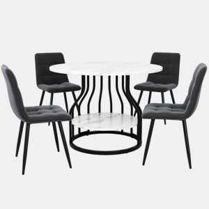 Conjunto de mesa e cadeiras 5 peças 80 cm - Mesa redonda, pernas metálicas pretas, cadeiras de veludo cinzento