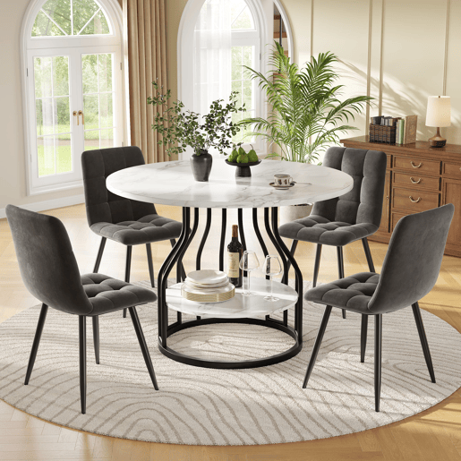 Conjunto de mesa e cadeiras 5 peças 80 cm - Mesa redonda, pernas metálicas pretas, cadeiras de veludo cinzento