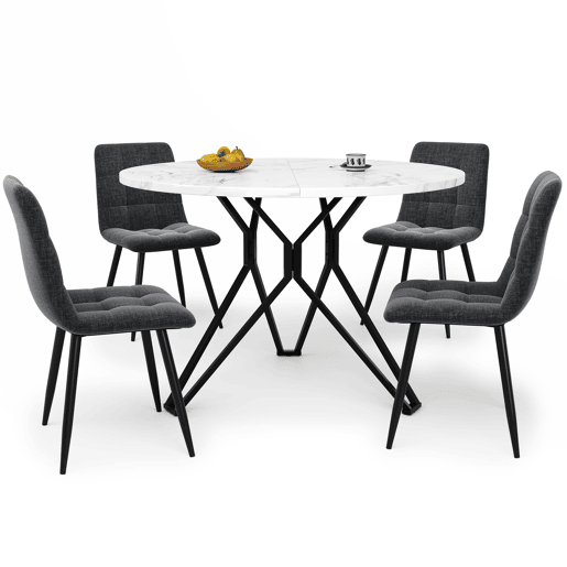 Conjunto de mesa e cadeiras 5 peças - Mesa redonda 100 cm - Pernas metálicas pretas - Cadeiras em linho cinzento