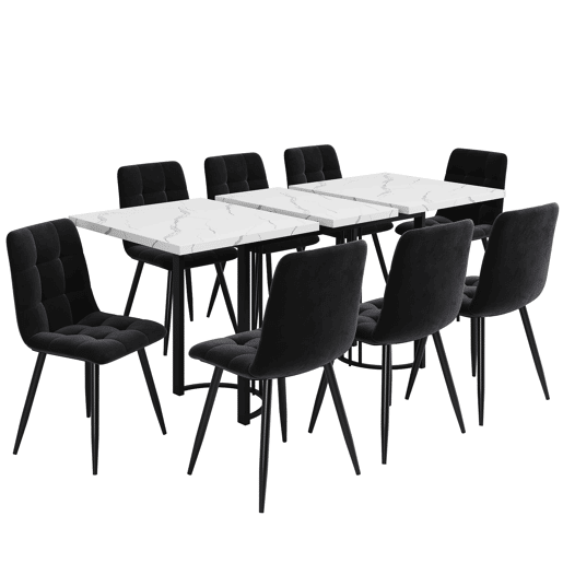 Conjunto de sala de jantar de 9 peças 140x80 cm - Mesa extensível com 8 cadeiras de veludo preto - Branco e Preto