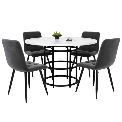 Conjunto de sala de jantar de 5 peças - Mesa redonda de 100 cm - 4 cadeiras de veludo cinzento - Preto