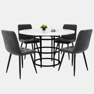 Conjunto de sala de jantar de 5 peças - Mesa redonda de 100 cm - 4 cadeiras de veludo cinzento - Preto