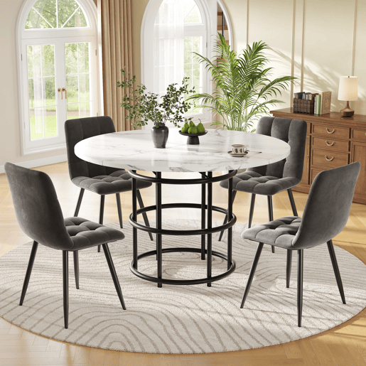 Conjunto de sala de jantar de 5 peças - Mesa redonda de 100 cm - 4 cadeiras de veludo cinzento - Preto