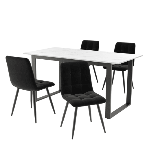 Conjunto de sala de jantar + 140180x80x75cm - Mesa moderna + 4 cadeiras, MDF branco, pernas pretas, cadeiras de veludo preto