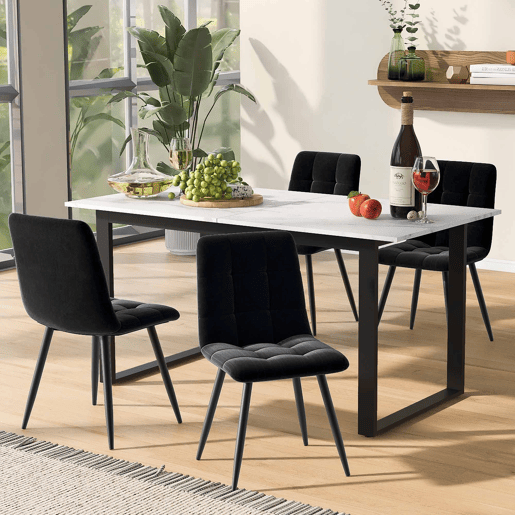 Conjunto de sala de jantar + 140180x80x75cm - Mesa moderna + 4 cadeiras, MDF branco, pernas pretas, cadeiras de veludo preto