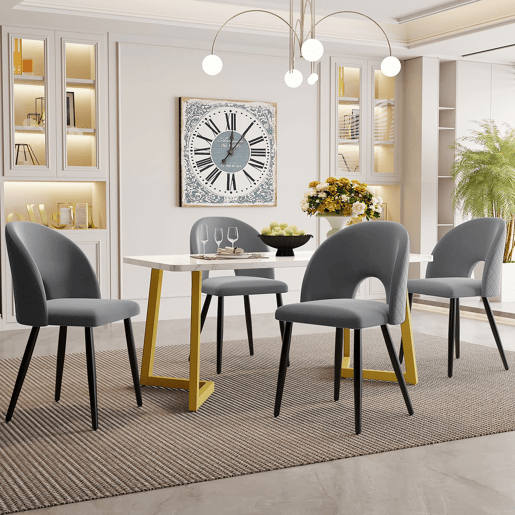Conjunto de sala de jantar 117x68 cm - Mesa retangular moderna com 4 cadeiras, veludo cinzento, pernas douradas