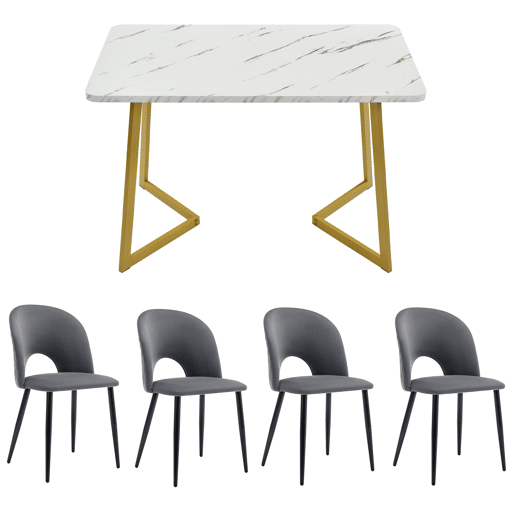 Conjunto de sala de jantar 117x68 cm - Mesa retangular moderna com 4 cadeiras, veludo cinzento, pernas douradas