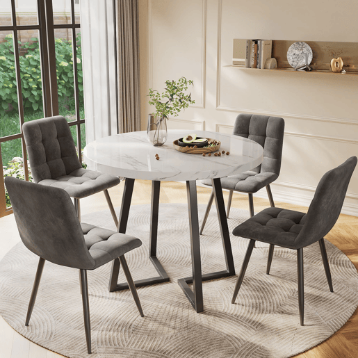 Conjunto de sala de jantar de 5 peças 80 cm - mesa redonda com pernas metálicas pretas - cadeiras de veludo cinzento