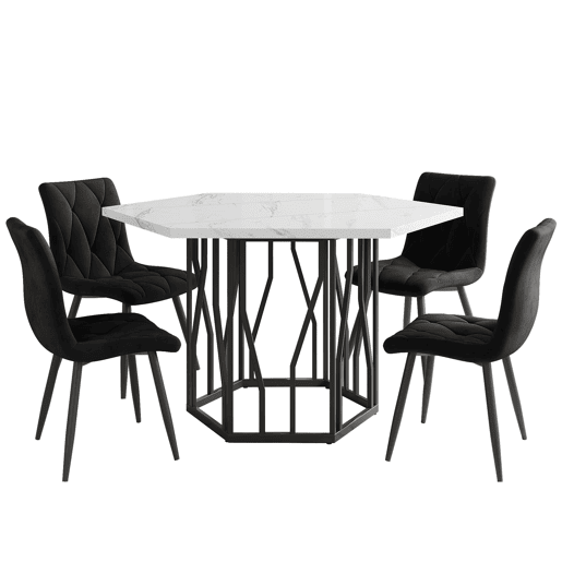 Conjunto de sala de jantar de 5 peças - Mesa de jantar hexagonal em mármore + 4 cadeiras em veludo preto - Preto