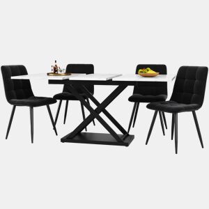 Conjunto de sala de jantar de 5 peças 160×80×75 cm - Mesa extensível com 4 cadeiras de veludo preto - Mármore branco