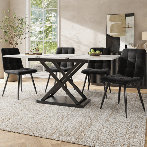 Conjunto de sala de jantar de 5 peças 160×80×75 cm - Mesa extensível com 4 cadeiras de veludo preto - Mármore branco Conjunto de sala de jantar de 5 peças 160×80×75 cm - Mesa extensível com 4 cadeiras de veludo preto - Mármore branco