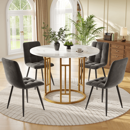 Conjunto de mesa e cadeiras 5 peças 80 cm - Mesa redonda com pernas metálicas douradas - Cinza