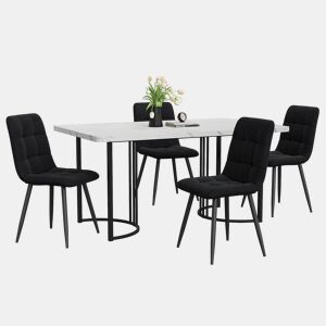 Conjunto de sala de jantar de 5 peças - Mesa 140×80 cm com 4 cadeiras de veludo preto - Branco