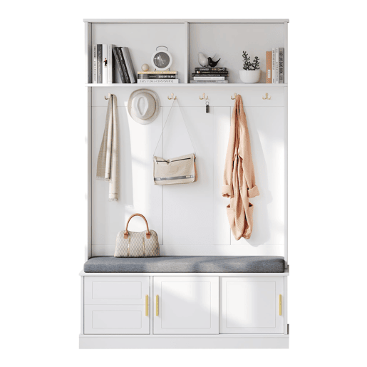 Cabideiro com banco para sapatos 120x40x191 cm - 6 ganchos triplos - Freestanding - Branco
