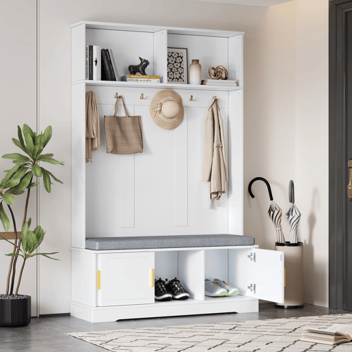 Cabideiro com banco para sapatos 120x40x191 cm - 6 ganchos triplos - Freestanding - Branco