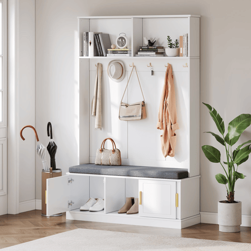 Cabideiro com banco para sapatos 120x40x191 cm - 6 ganchos triplos - Freestanding - Branco