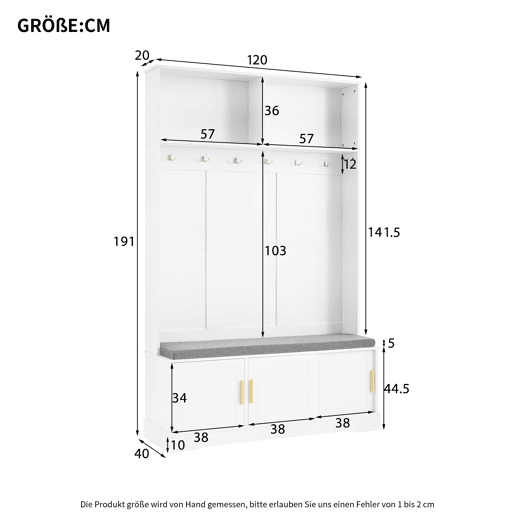 Cabideiro com banco para sapatos 120x40x191 cm - 6 ganchos triplos - Freestanding - Branco