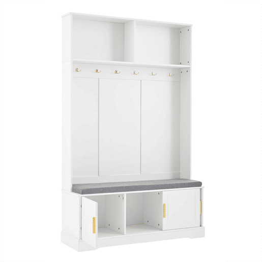 Cabideiro com banco para sapatos 120x40x191 cm - 6 ganchos triplos - Freestanding - Branco