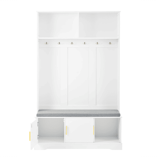 Cabideiro com banco para sapatos 120x40x191 cm - 6 ganchos triplos - Freestanding - Branco