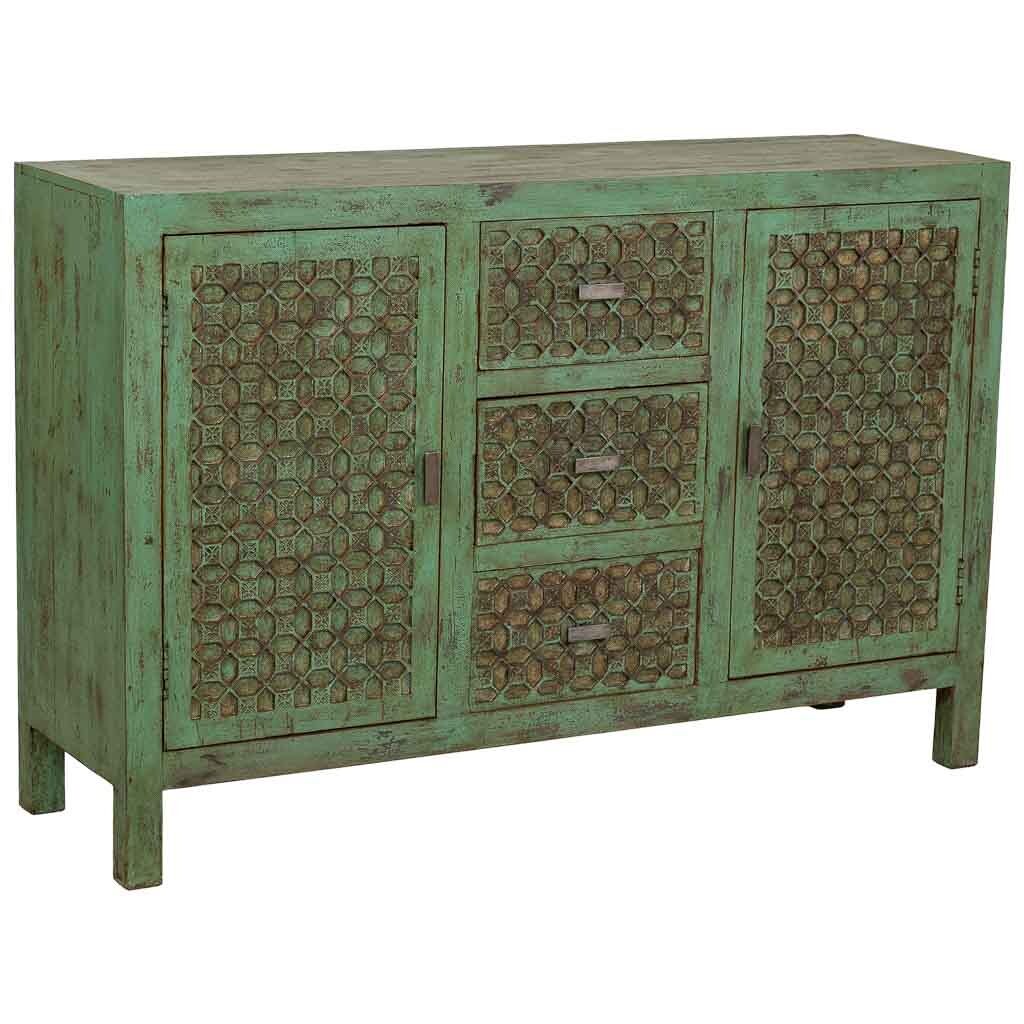 Aparador de madera artesanal verde 135x40x90h cm